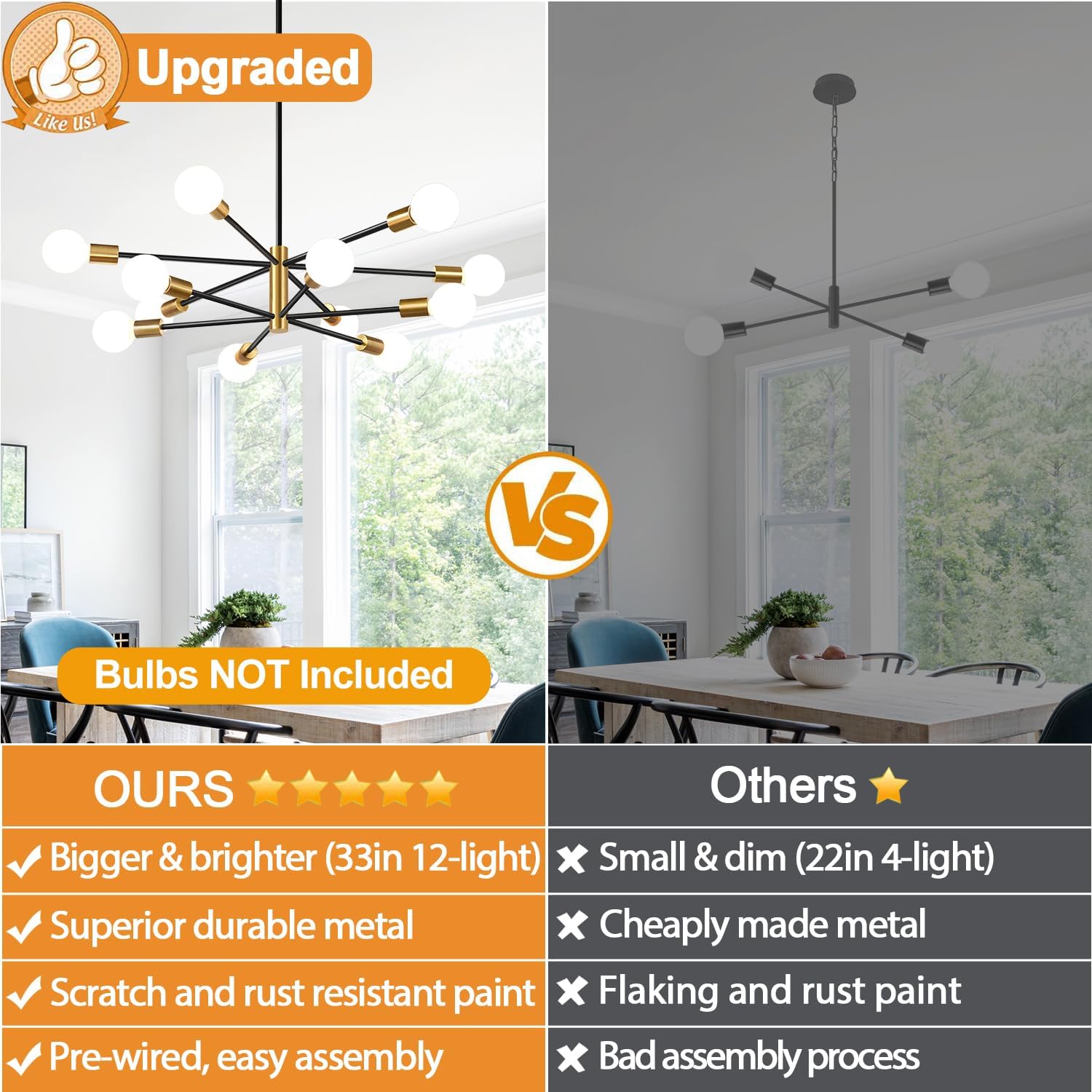 33 Modern Chandelier Ceiling Light Fixture, 12-Light Sputnik Chandeliers Gold and Black Mid Century Chandelier Over Table, Height Adjustable Chandeliers for Dining Room Living Room Kitchen Island